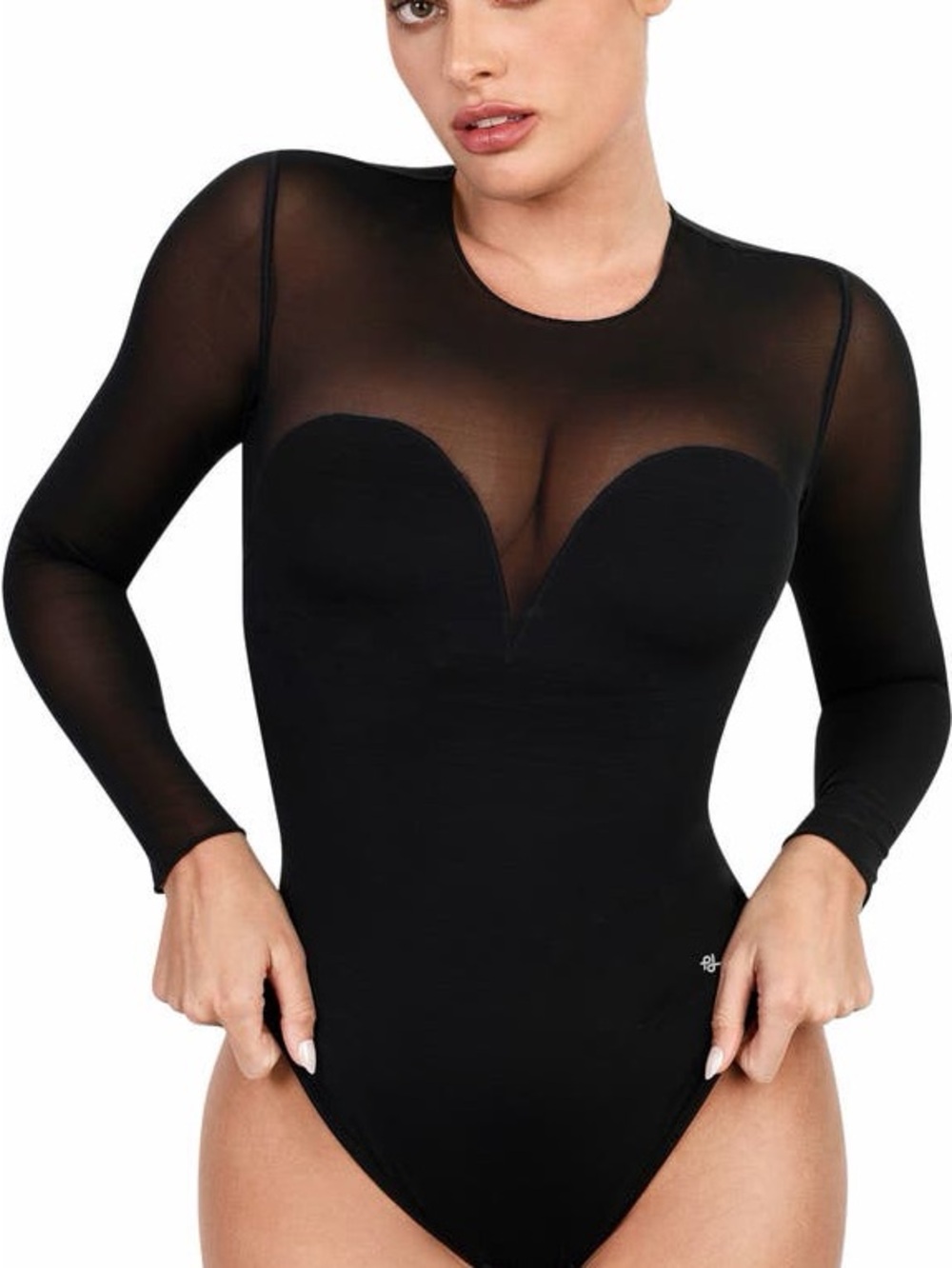 NWT Popilush Sheer Sleeve Black Bodysuit - Women's Long Sleeve Top 3XL - Picture 2 of 9